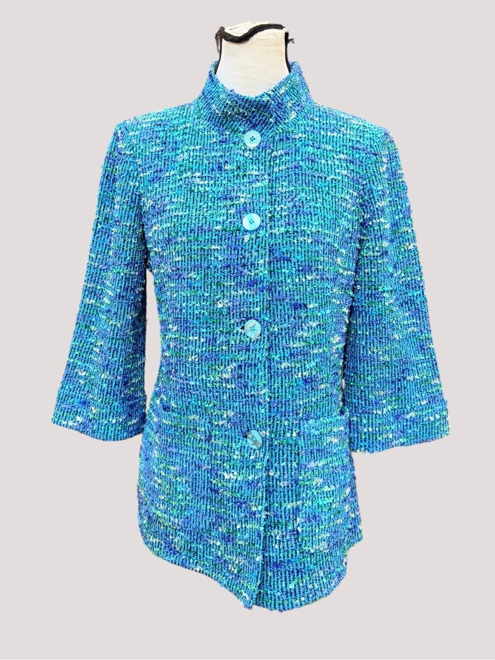 St John turquoise tweed metallic thread jacket